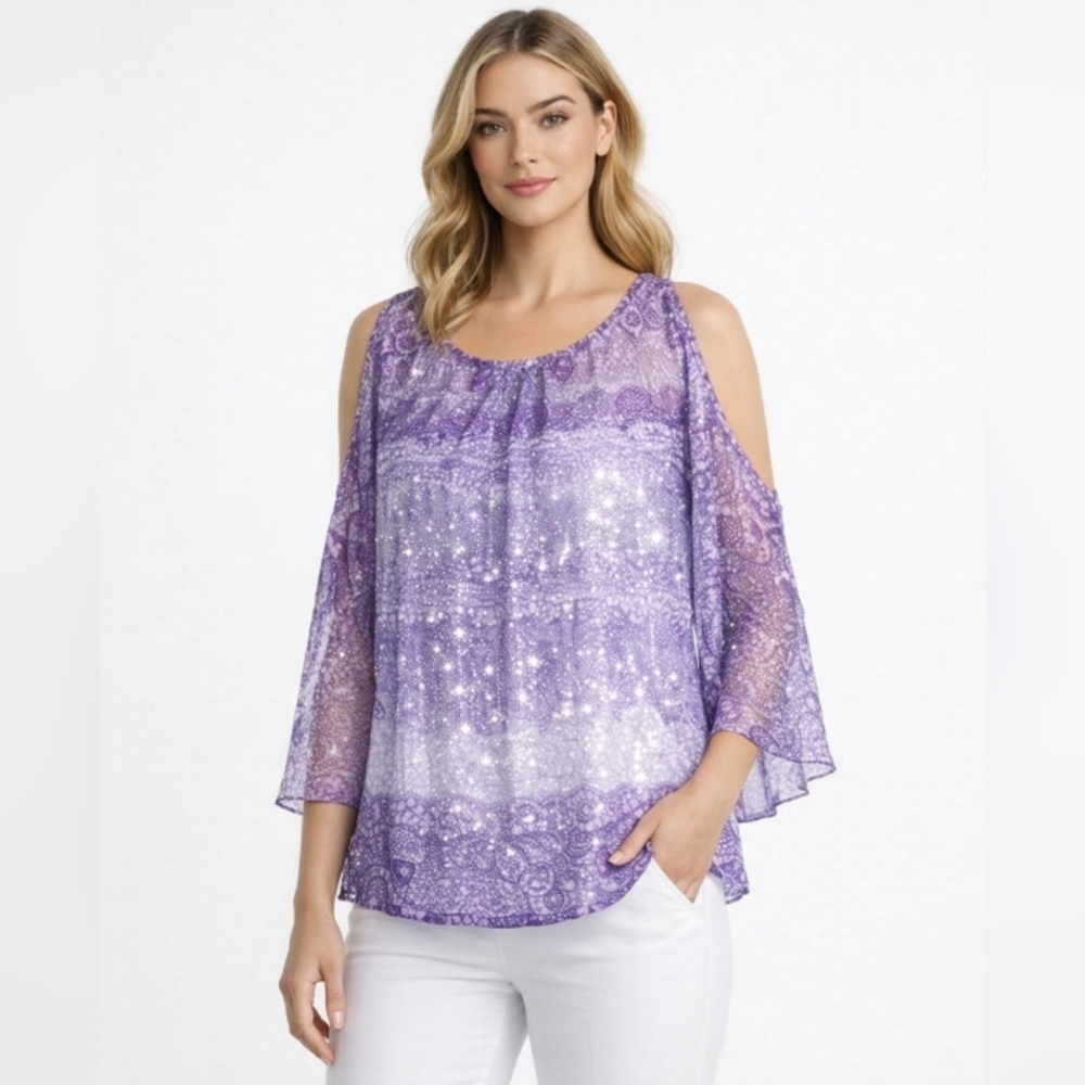 Purple Cold-Shoulder Chiffon Women's Top